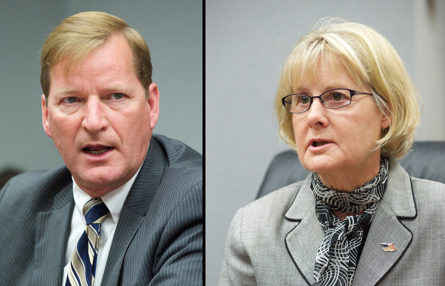 Clark County commissioner candidates Craig Pridemore, left, and Jeanne Stewart.