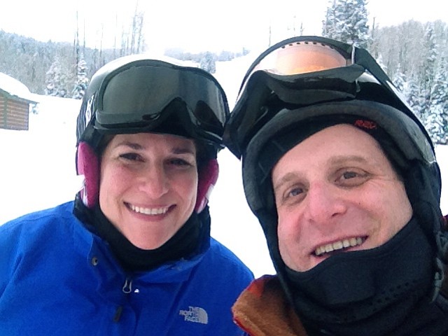 Scott Mayerowitz, right, and his fiancee, Sheri Askinazi, take a selfie on a gondola while skiing in December in Colorado. Instead of an all-night drinking binge in a bar or in Vegas, Mayerowitz had his bachelor party in February in Vail, skiing with friends of both sexes, including his fiancee.