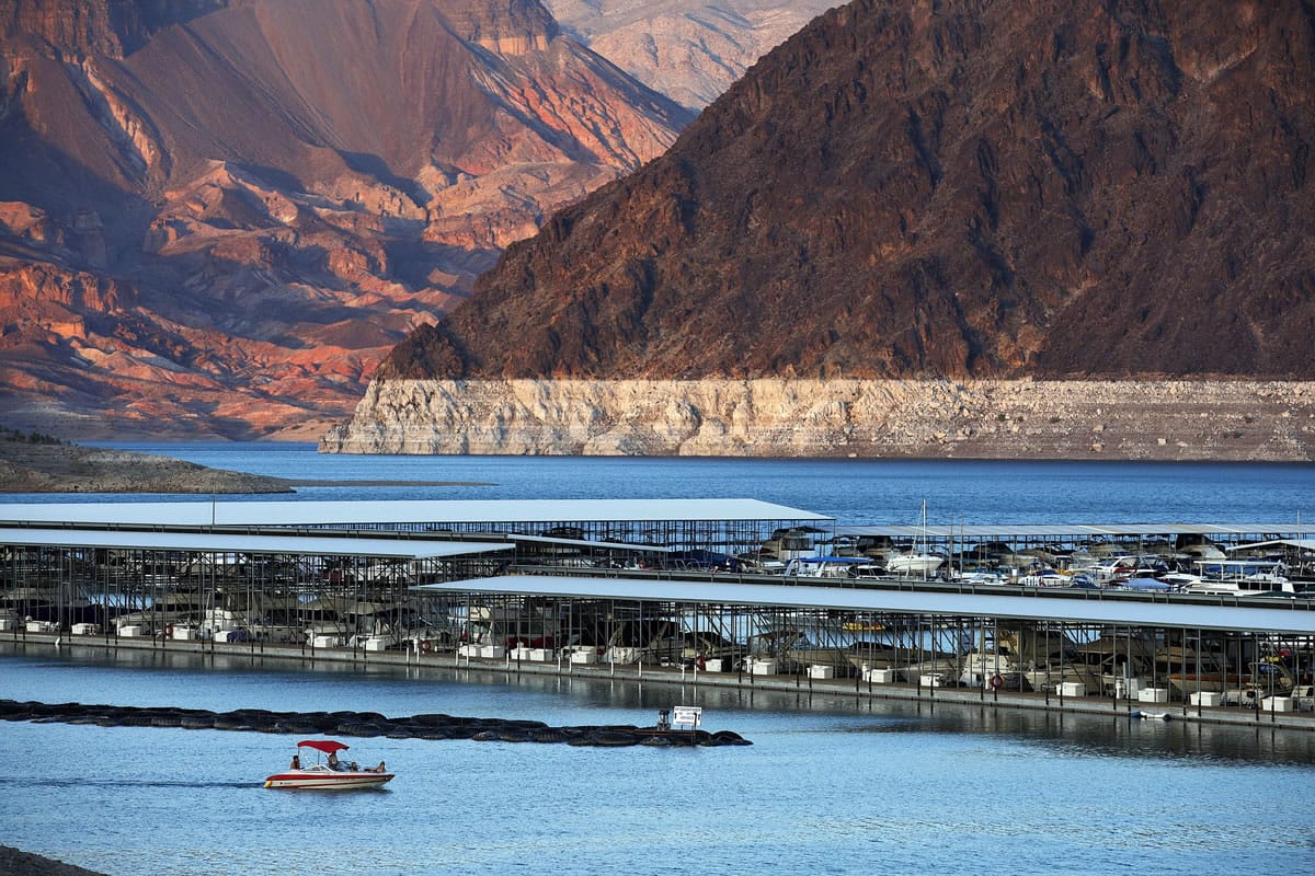 The bathtub ring of light minerals that delineates the high water mark on Lake Mead is seen at Hemenway Harbor in the Lake Mead National Recreation Area in Nevada.