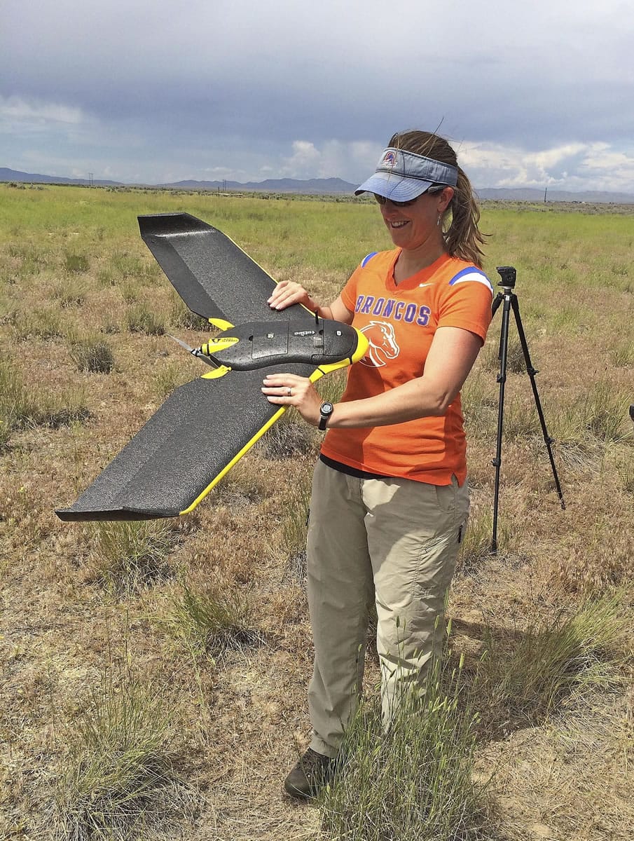 Boise State University Professor Jennifer Forbey examines a drone prior to launch June 10 in an area west of Boise, Idaho.