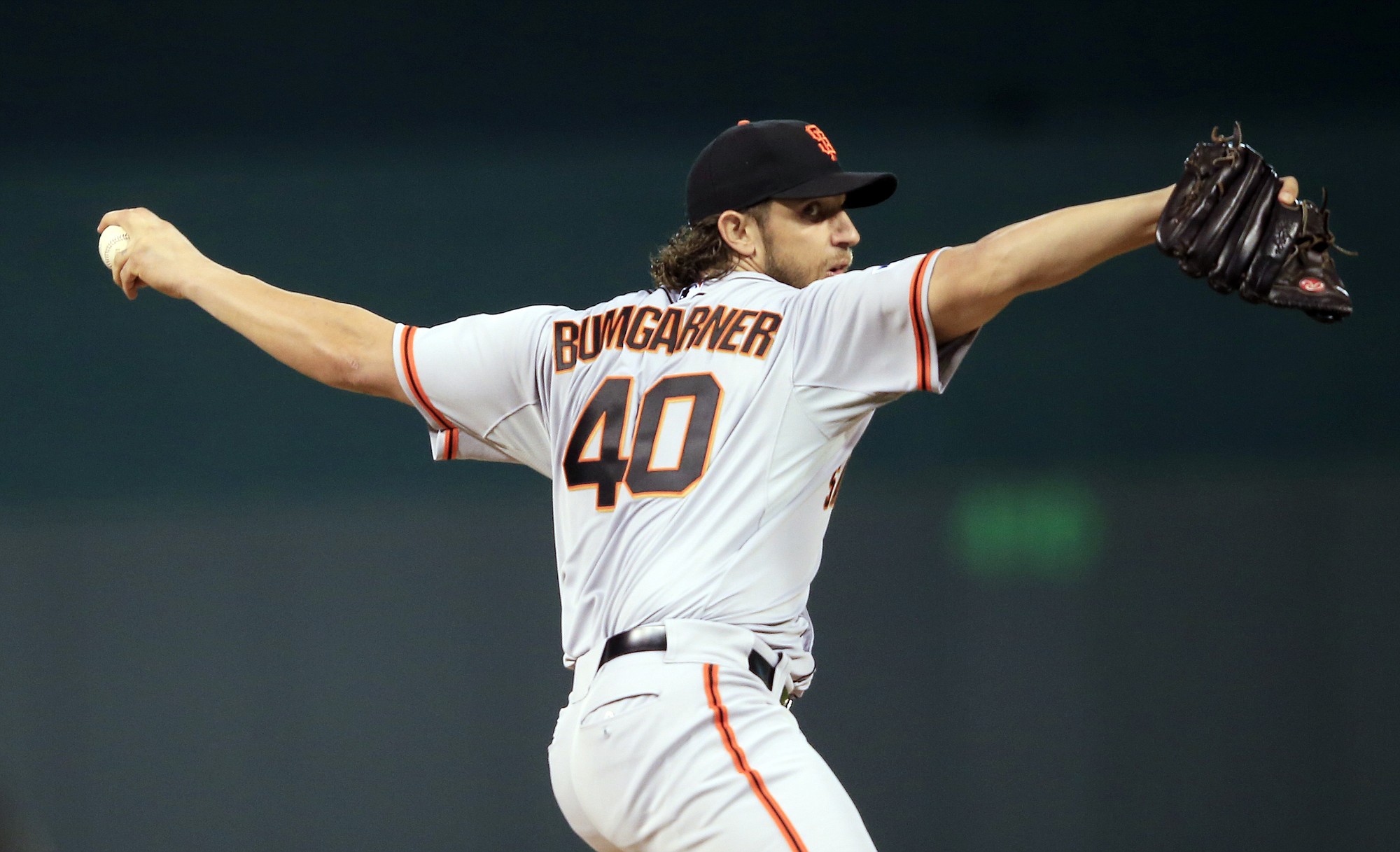 San Francisco Giants pitcher Madison Bumgarner held the Kansas City Royals to four hits over seven inning Tuesday, Oct. 21, 2014, as the Giants won game 1 of the World Series 7-1.