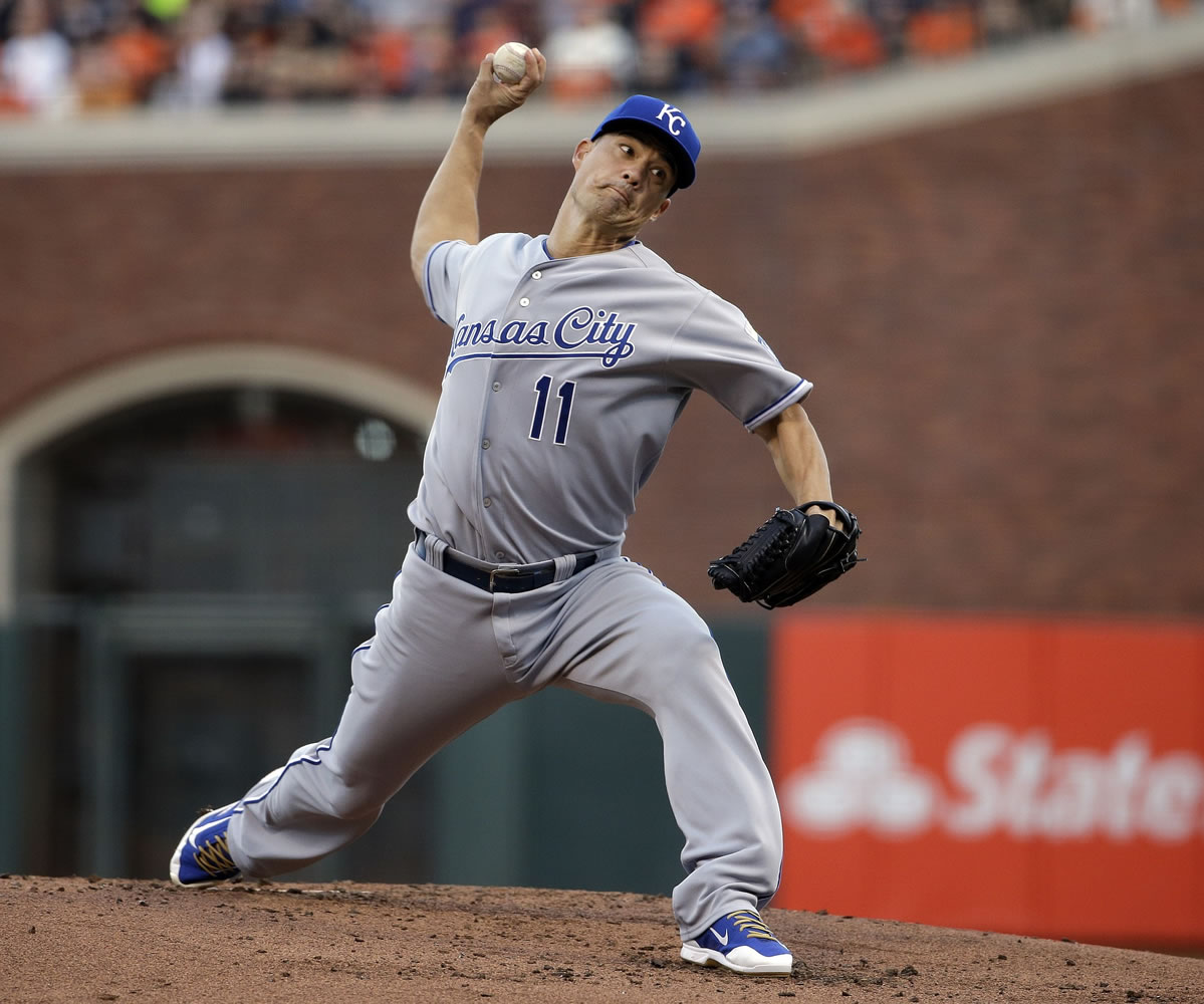 Kansas City Royals pitcher Jeremy Guthrie throws during the first inning of Game 3 of the World Series against the San Francisco Giants Friday, Oct. 24, 2014, in San Francisco.