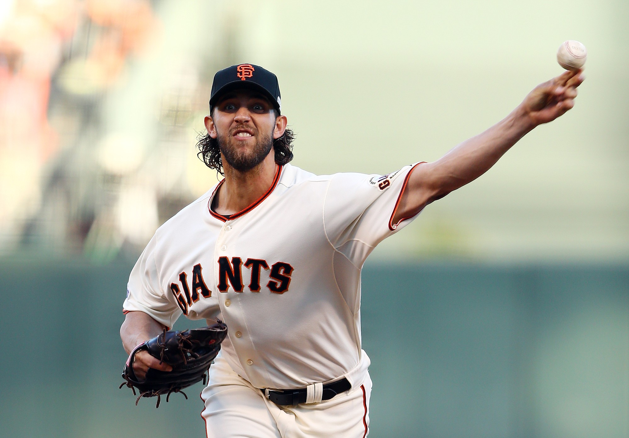 San Francisco Giants pitcher Madison Bumgarner held the Kansas City Royals to four hits over nine shut-out innings, while striking out eight in Game 5 of the World Series Sunday, Oct. 26, 2014, in San Francisco.