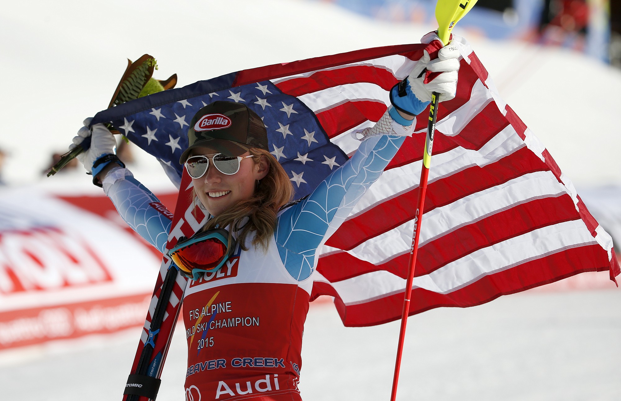United States' Mikaela Shiffrin celebrates her win in the women's slalom competition at the Alpine skiing world championships on Saturday, Feb. 14, 2015, in Beaver Creek, Colo.