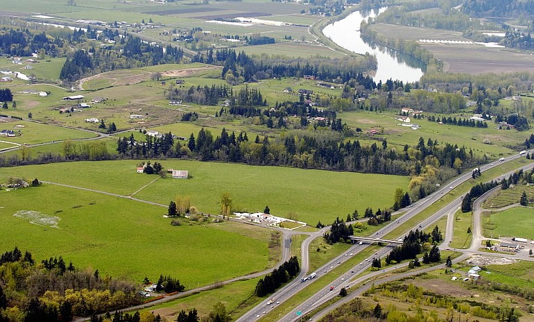 An aerial view includes the proposed site of a Cowlitz casino in Clark County.