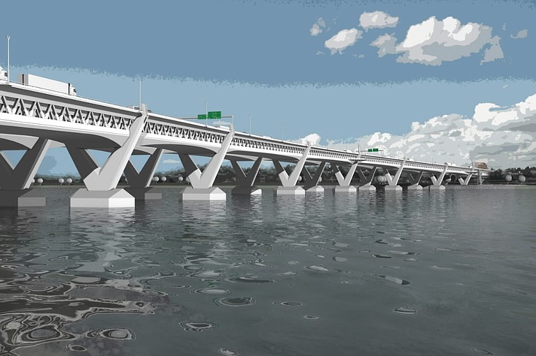 This rendering depicts a now-eliminated proposal for a new Columbia River Crossing curving downstream from the existing twin drawbridges.