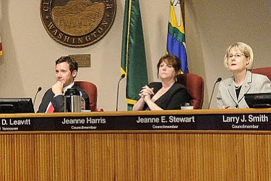 Vancouver Mayor Tim Leavitt, Councilwoman Jeanne Harris and Councilwoman Jeanne Stewart participate in a city council meeting earlier this year.