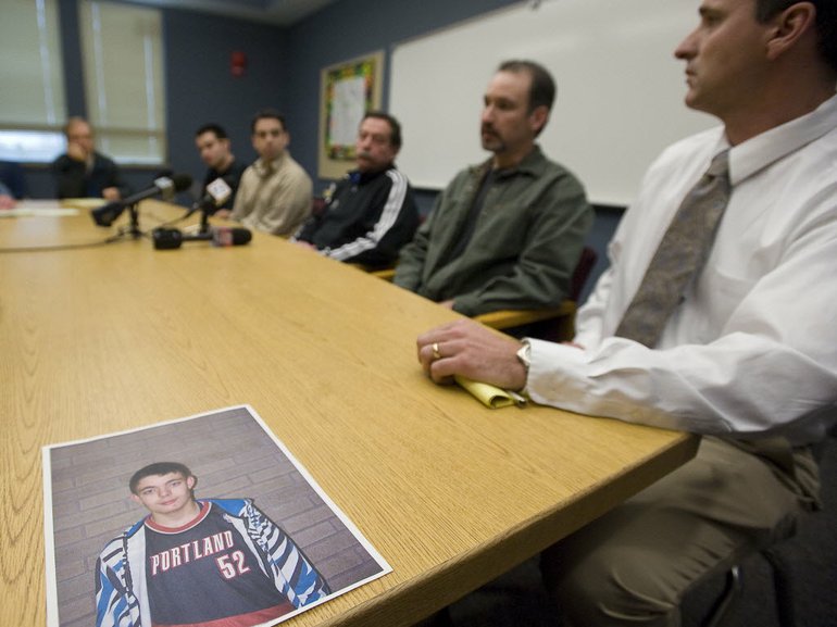 A photograph of 14-year-old Cody Sherrell, who collapsed on Jan. 3 during basketball practice, sits on a table during a news conference at La Center High School on Thursday.