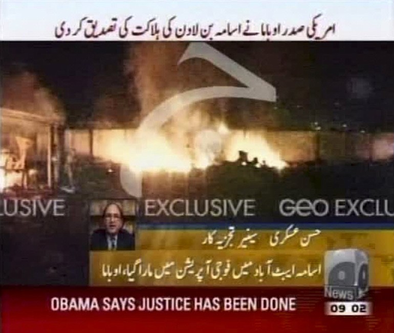 An image made from Geo TV video shows flames at what is thought to be the compound where terror mastermind Osama bin Laden was killed Sunday.