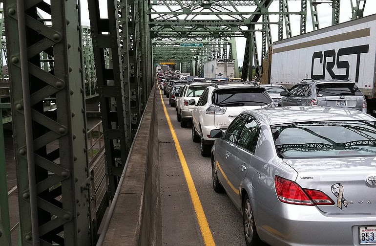 Traffic backs up on the Interstate 5 Bridge early Saturday afternoon during bridge lift.
