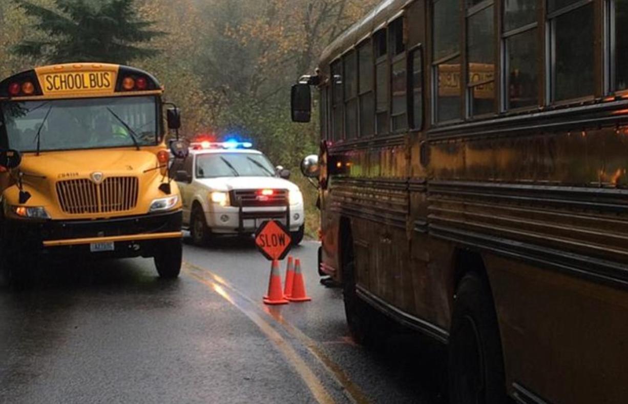 Eleven people, including four students, were injured in a crash that involved a school bus near Yacolt on Tuesday afternoon.Two other vehicles were also involved in the collision.