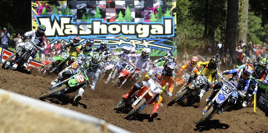 The first turn of the second Moto in the 450 class at the Lucas Oil Pro Motocross Championships in Washougal, on Saturday.