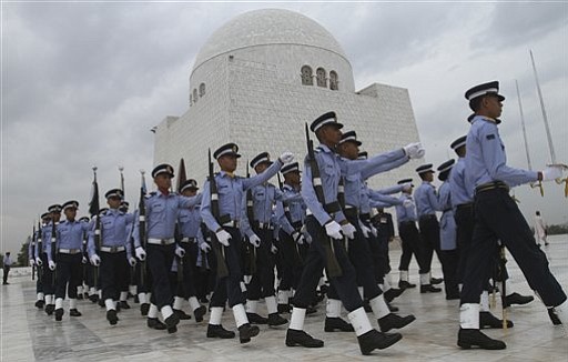 Pakistani Air Force personnel march at the Mausoleum of Mohammad Ali Jinnah, founder of Pakistan on the occasion of Defence Day on Tuesday, Sept 6, 2011 in Karachi, Pakistan.