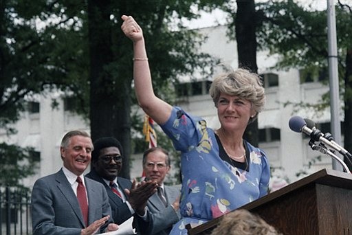 In this 1984 picture, Democratic Vice Presidential candidate Geraldine Ferraro gives the thumbs-up sign to a crowd of supporters in downtown Jackson, Miss., as Walter Mondale and Ferraro kicked off their 1984 campaign in this Southern city.