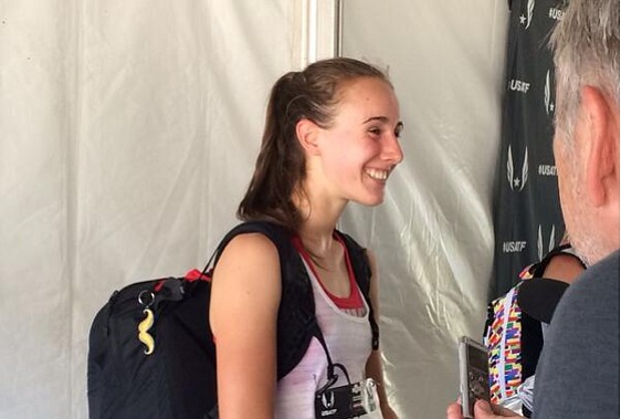 Camas High School junior Alexa Efraimson talks with the media after winning the 1500 meters at the U.S.A.