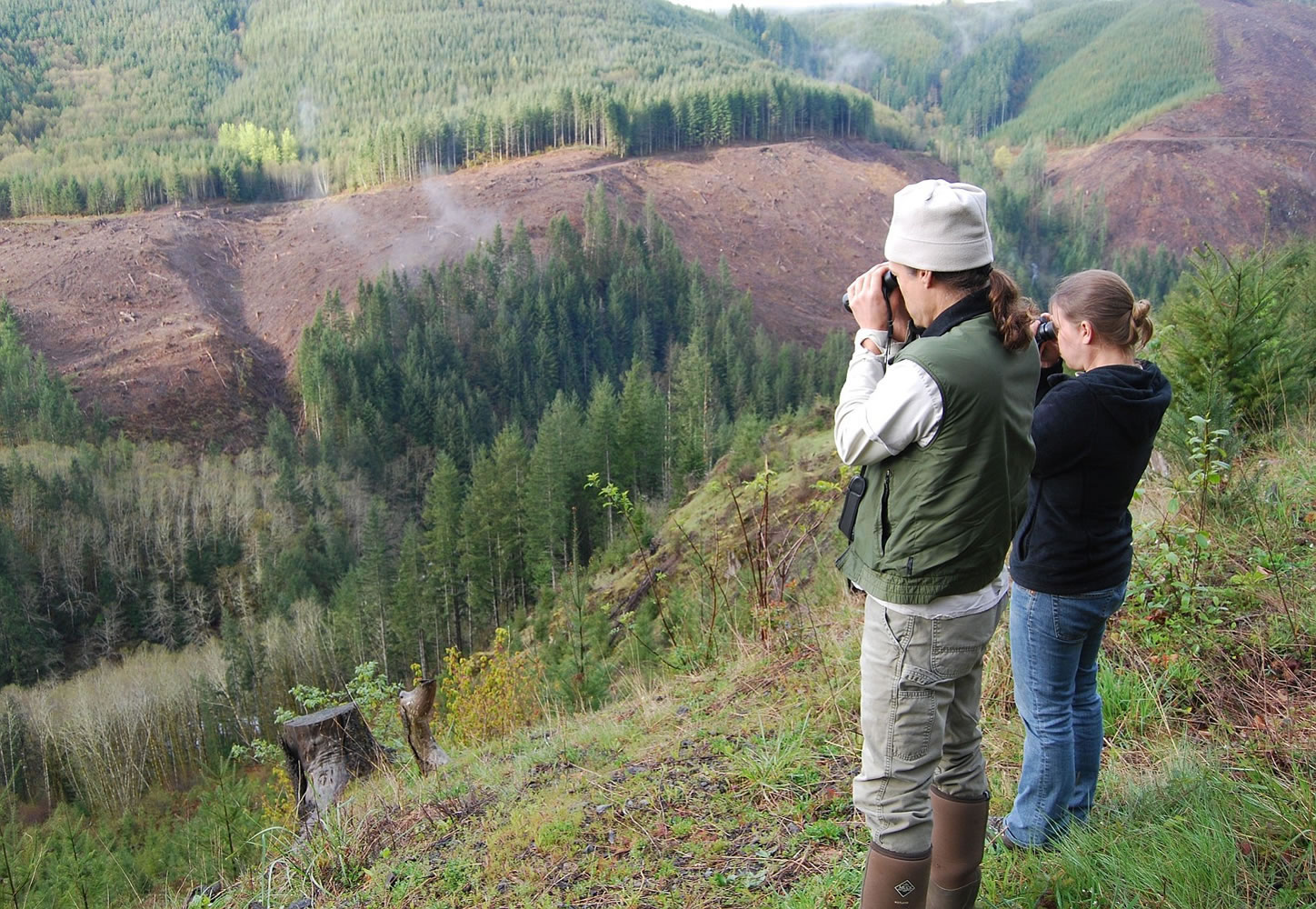 State wildlife biologists Eric Holman and Brooke George watch a herd of elk to see if the animals are limping.