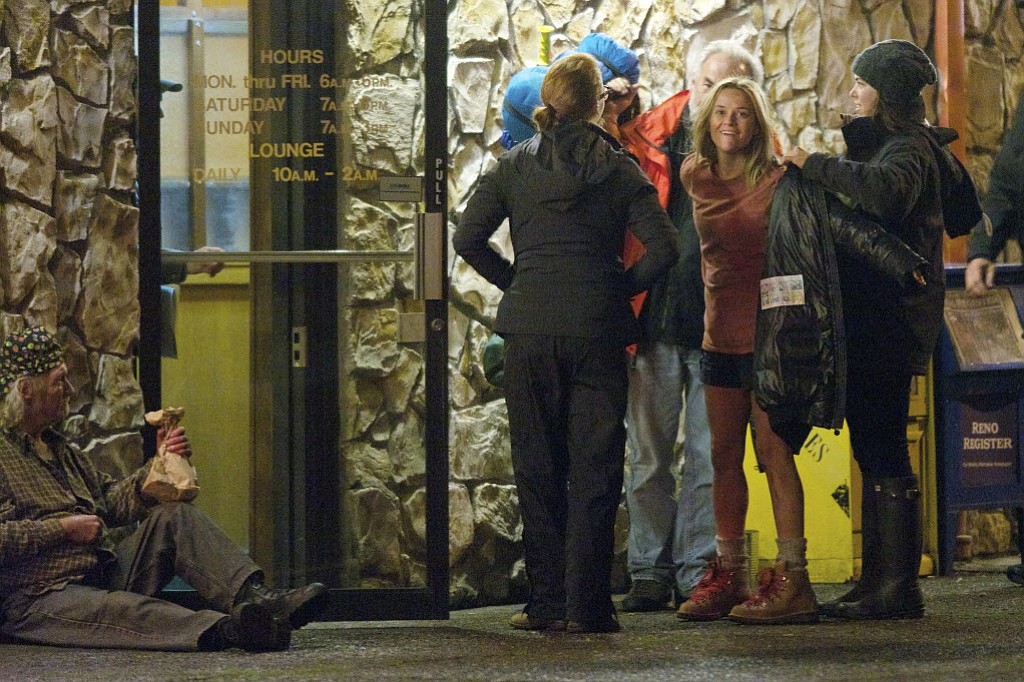 Oscar-winning actress Reese Witherspoon, second from right, takes a break outside Paul's Restaurant during filming of &quot;Wild&quot; in November 2013 in Vancouver.