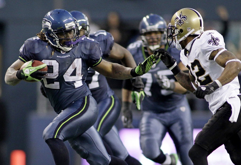 Seattle's Marshawn Lynch breaks tackles on his way to a 67-yard touchdown run against the Saints in last season's NFL Playoffs.