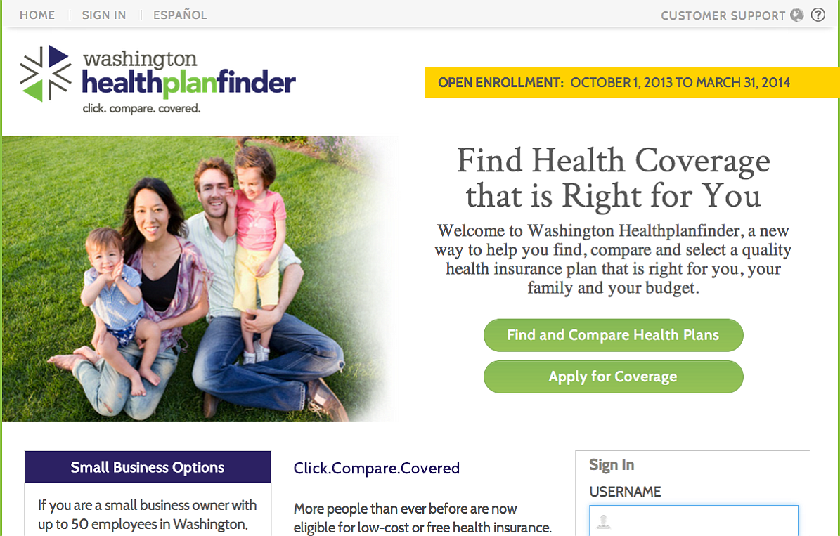 The homepage for Washington's health exchange website, www.wahealthplanfinder.org.