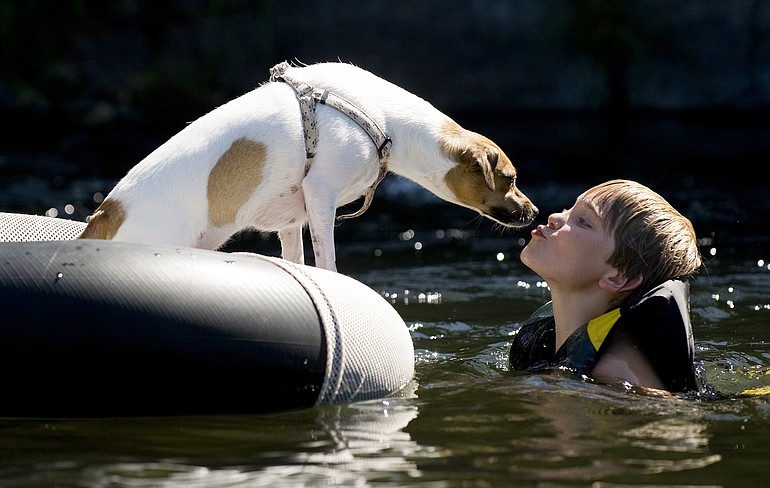 Gavin Scouten, 10, of Vancouver and his rat terrier, Lucy, take full advantage of the warm summer day Friday at the Sandy swimming hole in the Washougal River.