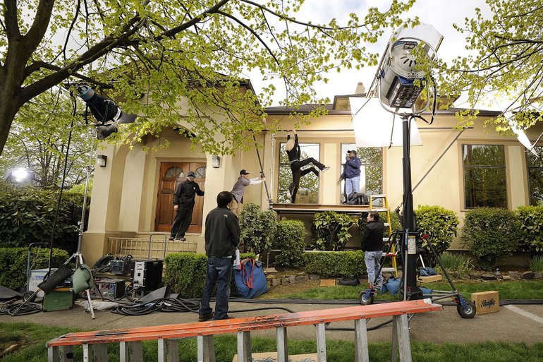 A stunt woman perfects her routine during production of TNT's television program &quot;Leverage&quot; at Hamilton-Mylan Funeral Home in downtown Vancouver Tuesday May 2, 2011.