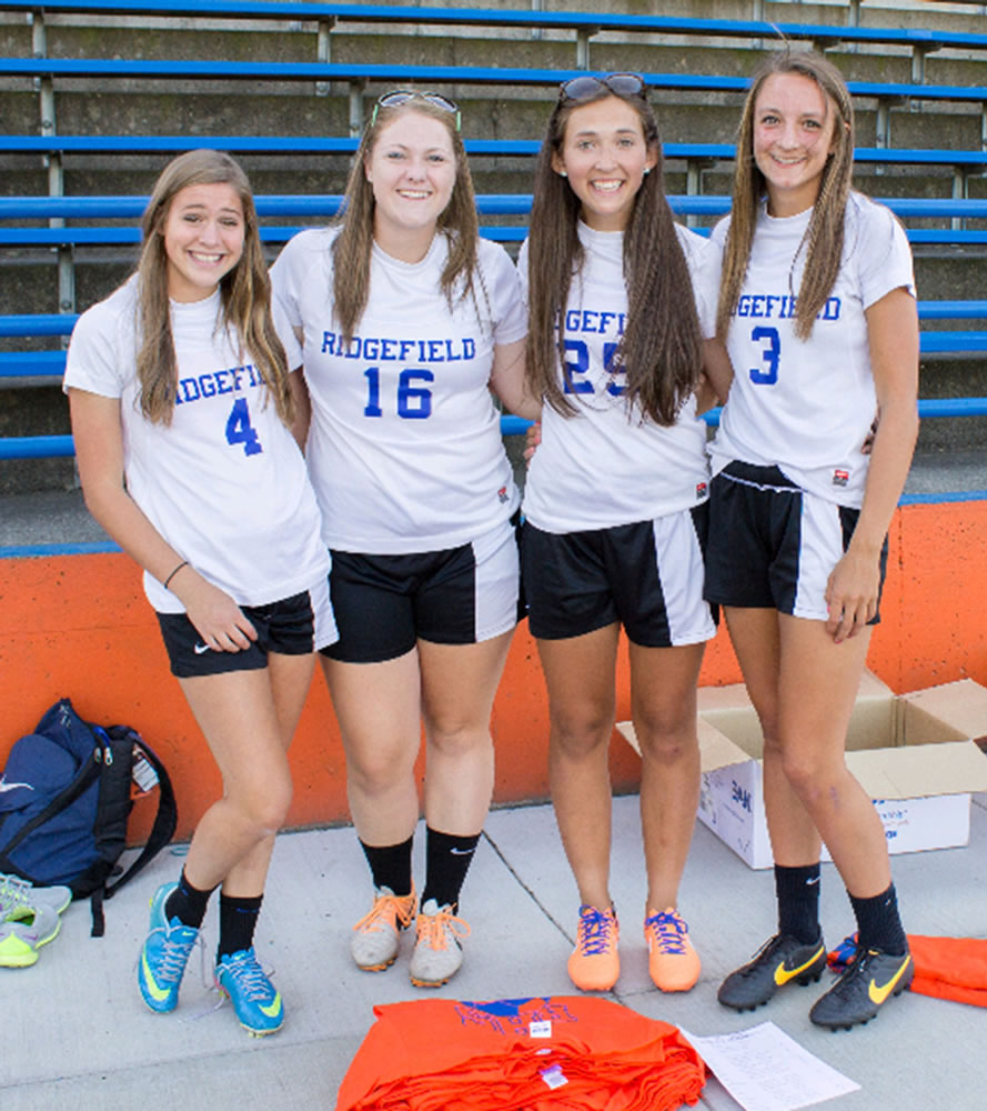 Ridgefield: Sophomore Kara Klaus, from left, seniors Autumn Wilson and Courtney Zumstein and sophomore Taryn Ries were the student leaders for Ridgefield High School's youth soccer camp in August.
