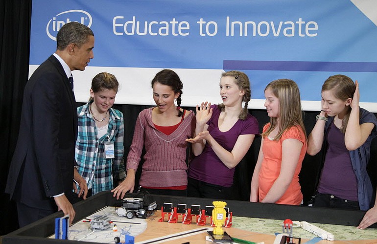 President Barack Obama visits with a group of seventh grade students who are Intel Science Talent Search finalists, to talk about their projects, Friday, Feb.
