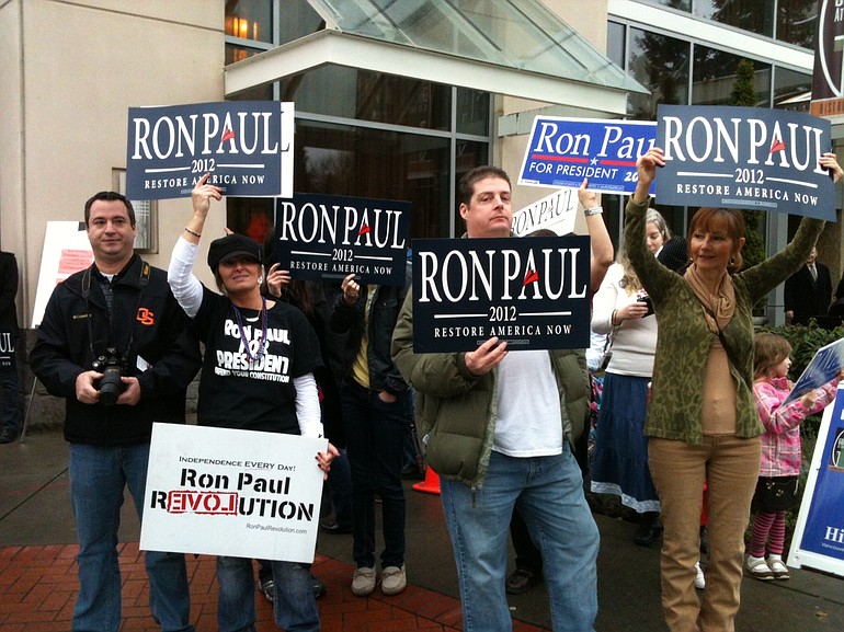 Supporters of presidential candidate Ron Paul await his arrival at the Hilton Vancouver Washington on Feb.