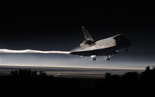 In this image provided by NASA, Space Shuttle Atlantis touches down at NASA's Kennedy Space Center Shuttle Landing Facility in Cape Canaveral, Fla., completing its 13-day mission to the International Space Station and the final flight of the Space Shuttle Program, early Thursday morning, July 21, 2011. Atlantis, the fourth orbiter built, launched on its first mission on Oct. 3, 1985.