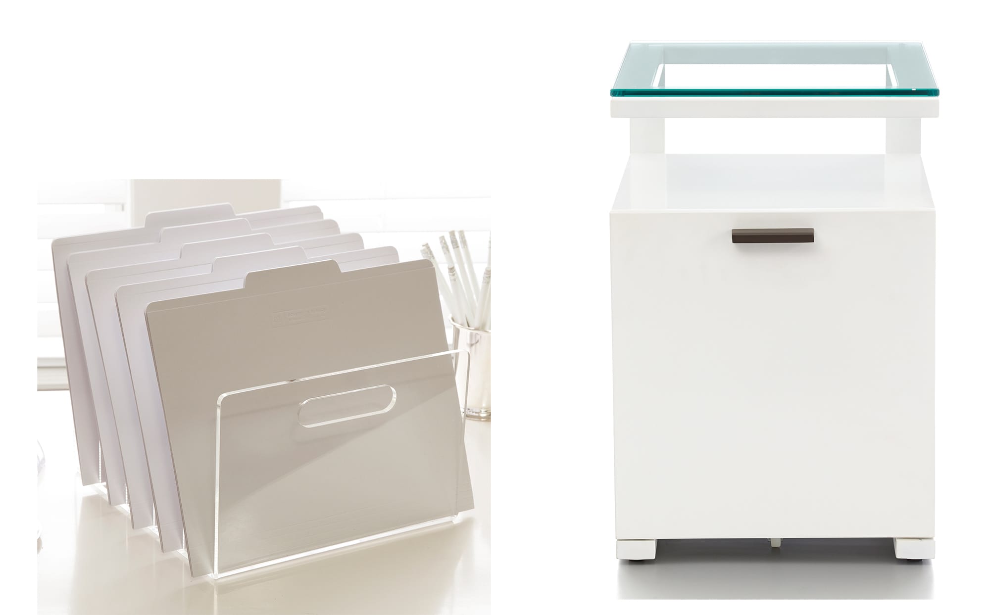 See Jane Work; Crate &amp; Barrel
Places to store papers in your home office: left, Russell + Hazel's acrylic collator, available at See Jane Work; the Pilsen Salt Filing Cabinet from Crate &amp; Barrel.