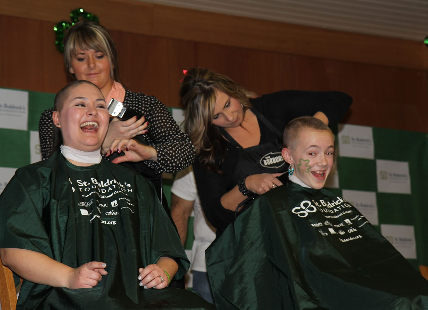 Pacific Crest Academy Middle School teacher Angela Dasso and sixth-grade student Jerrica Pachl shave their heads at the St. Baldrick's Foundation event on Jan.