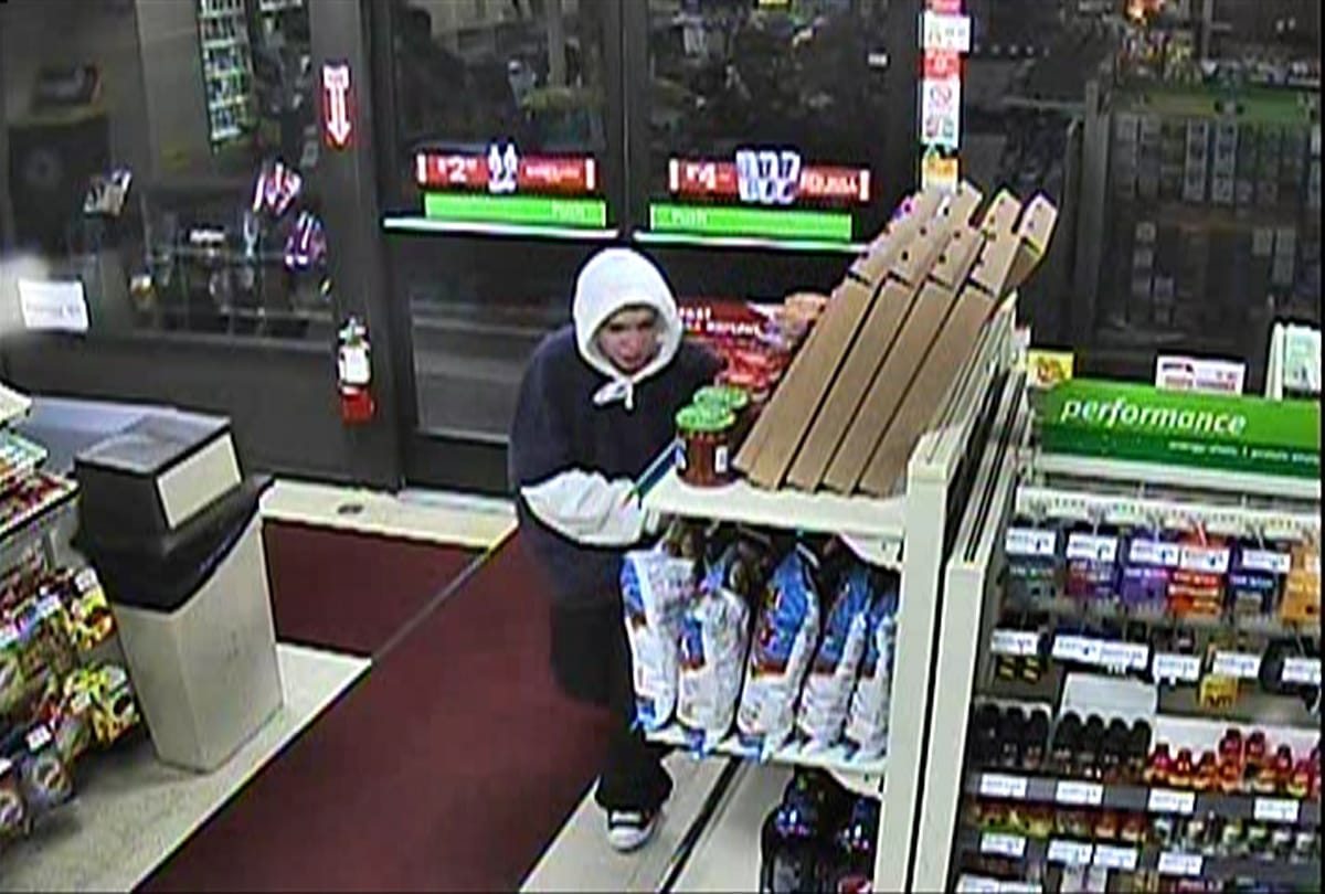 An image from video surveillance of a suspect who, police say, robbed a 7-Eleven Jan.