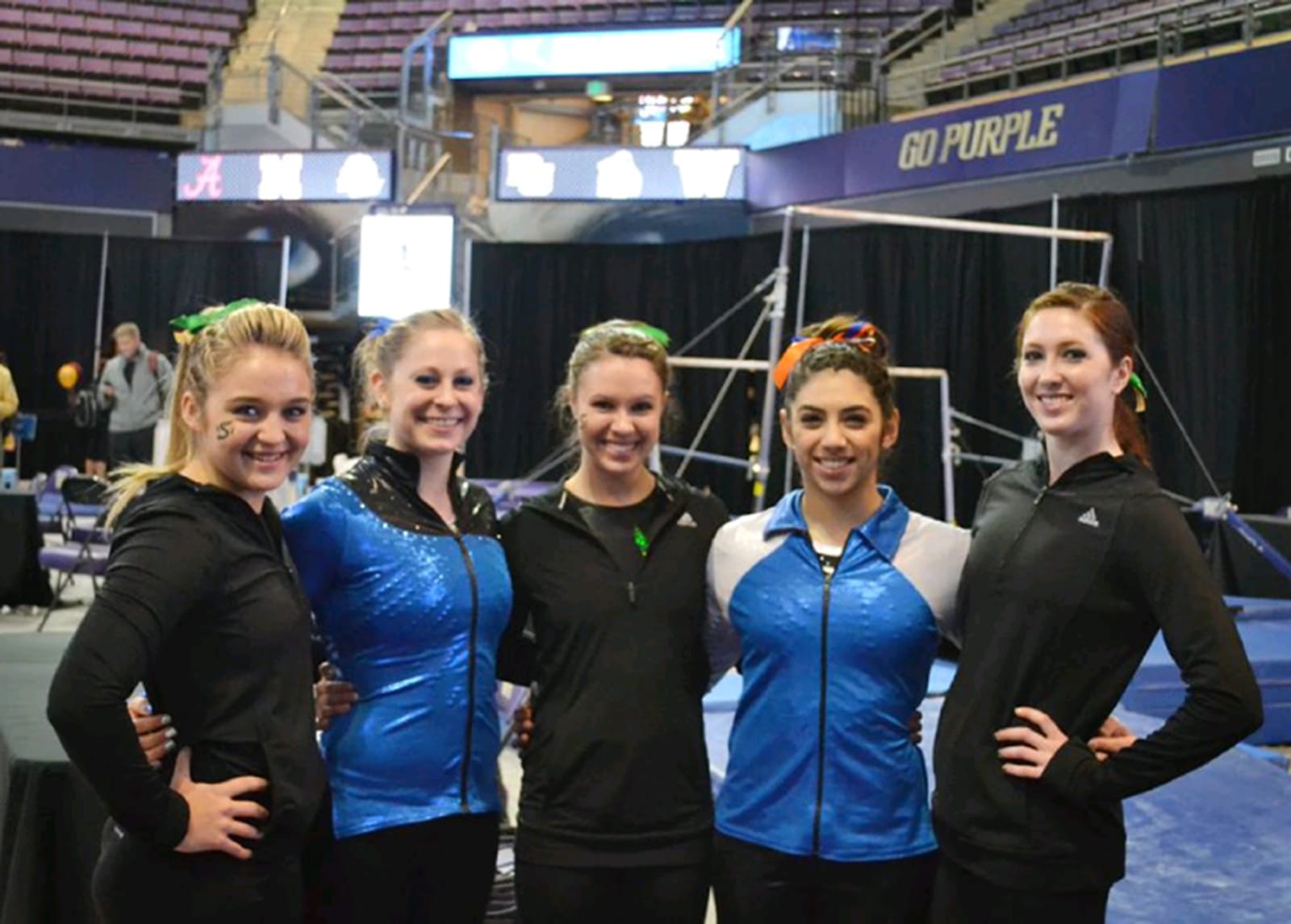 Clark County gymnasts who competed Saturday at the NCAA Seattle Regional, from left: Dallas Smith of Heisson (Sacramento State), KayCee Gassaway of Vancouver (Brigham Young), Kayla Wonderly of La Center (Sacramento State), Diana Mejia of Vancouver (Boise State) and Kalliah McCartney of Vancouver (Sacramento State).