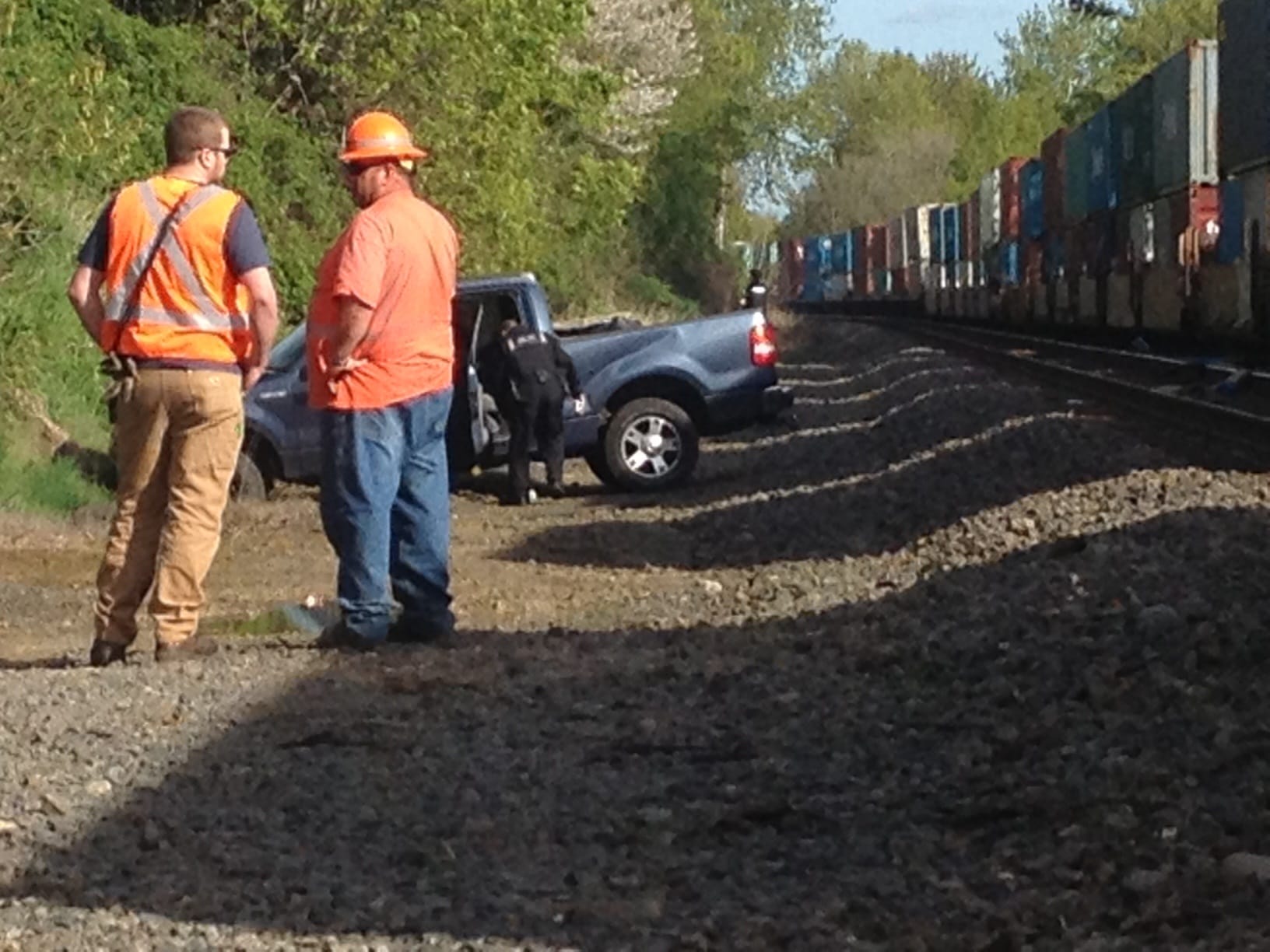 A Ford F-250 was struck by a train Friday afternoon on the railway near Wintler Park in Vancouver.