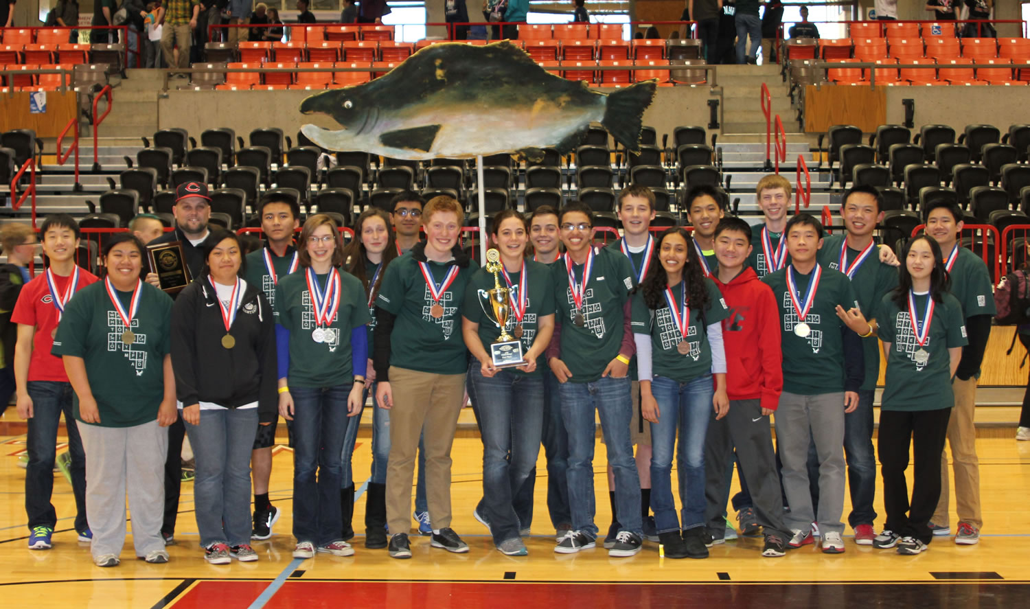The Camas High School Science Olympiad team members celebrate after earning their fourth consecutive state title on Saturday at Eastern Washington University.