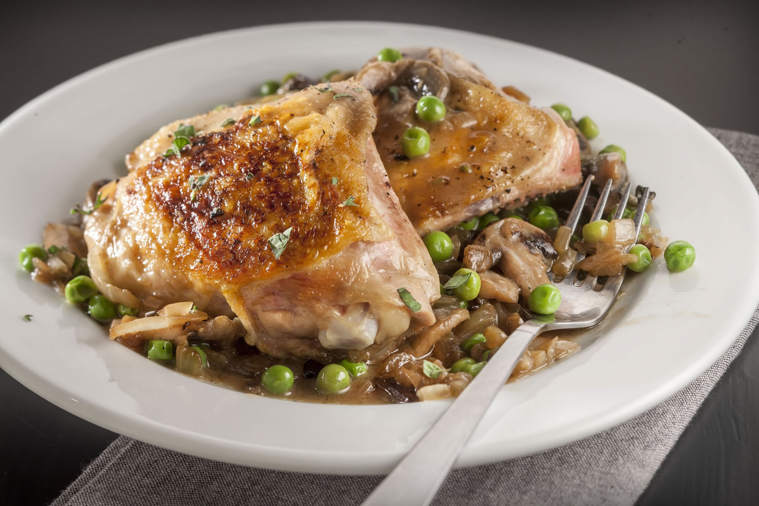 Skillet chicken with onions, peas, mushrooms makes a good spring or summer dish.