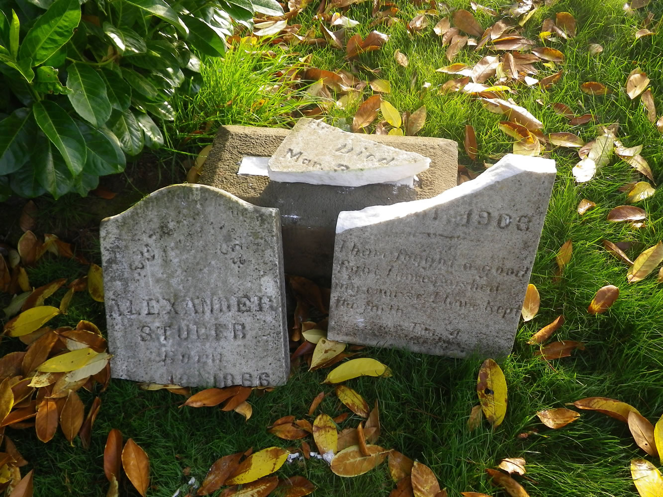 The gravestone of Alexander Stuber, who lived from 1866 to 1908, was the only one that was broken as a result of vandalism at the Camas Cemetery. Fourteen other markers were placed back on their pedestals.