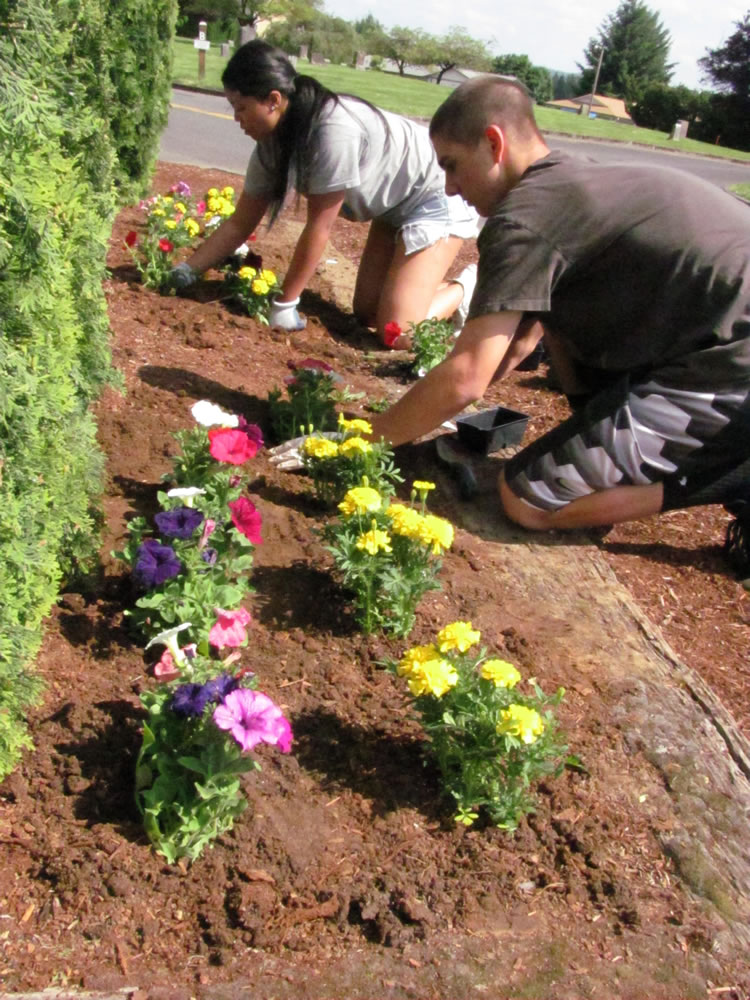Nikayla Banks, vice president of the Washougal High School Interact Club, and member Nick Costa-Stange, planted marigolds and pansies Friday afternoon at the Washougal Memorial Cemetery.