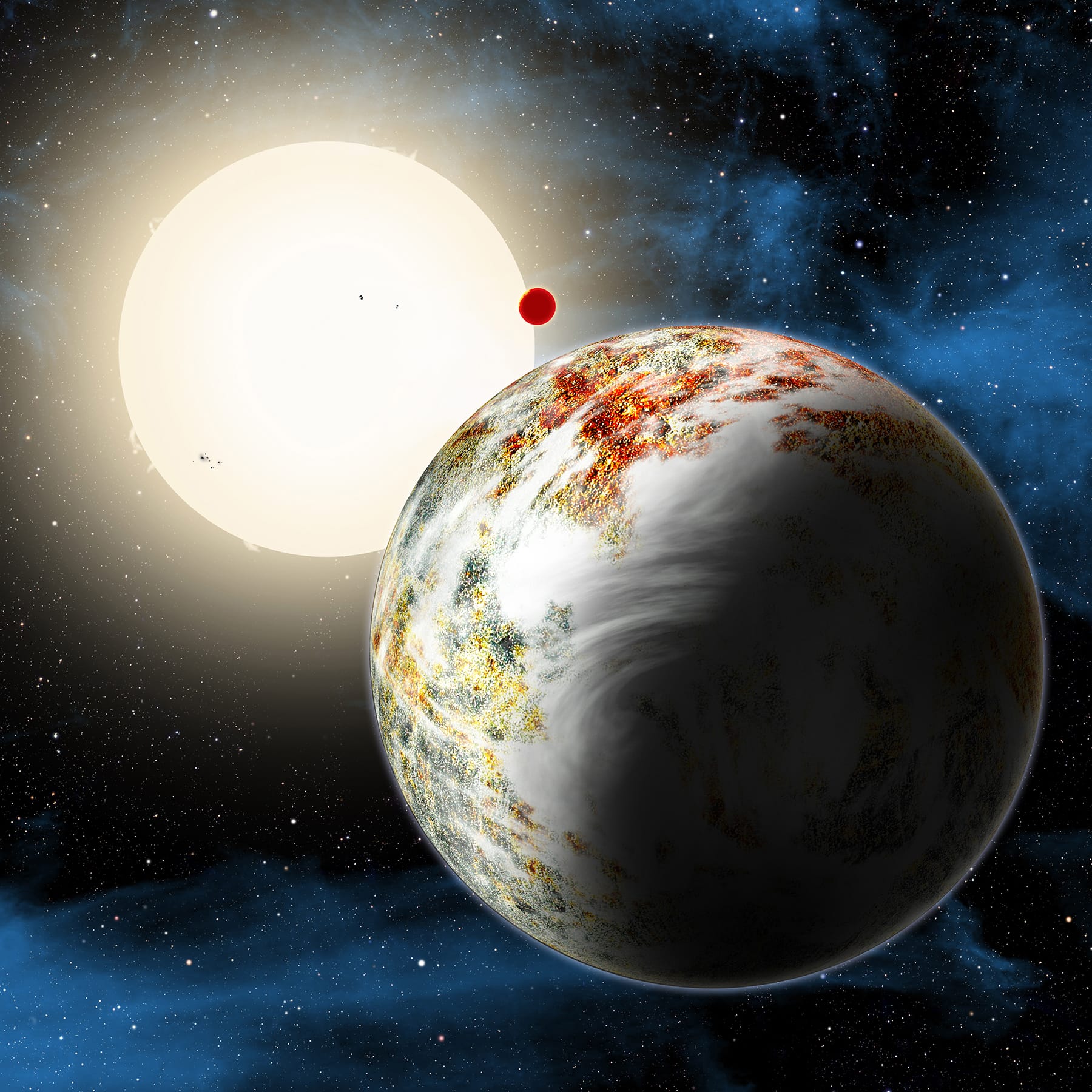 The newly discovered &quot;mega-Earth&quot; Kepler-10c dominates the foreground in this artist's conception.
