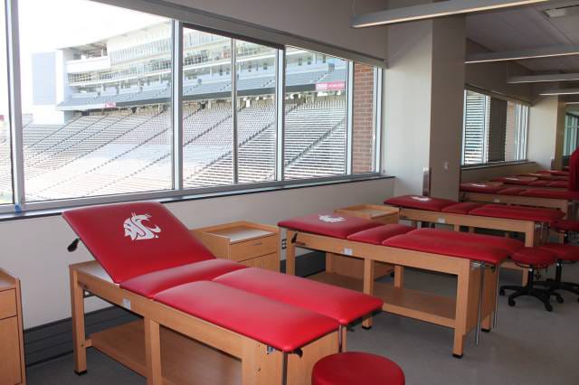 A look inside the 6,528 square foot athletic training room during a tour of the new Washington State University Football Operations Center on Tuesday in Pullman.