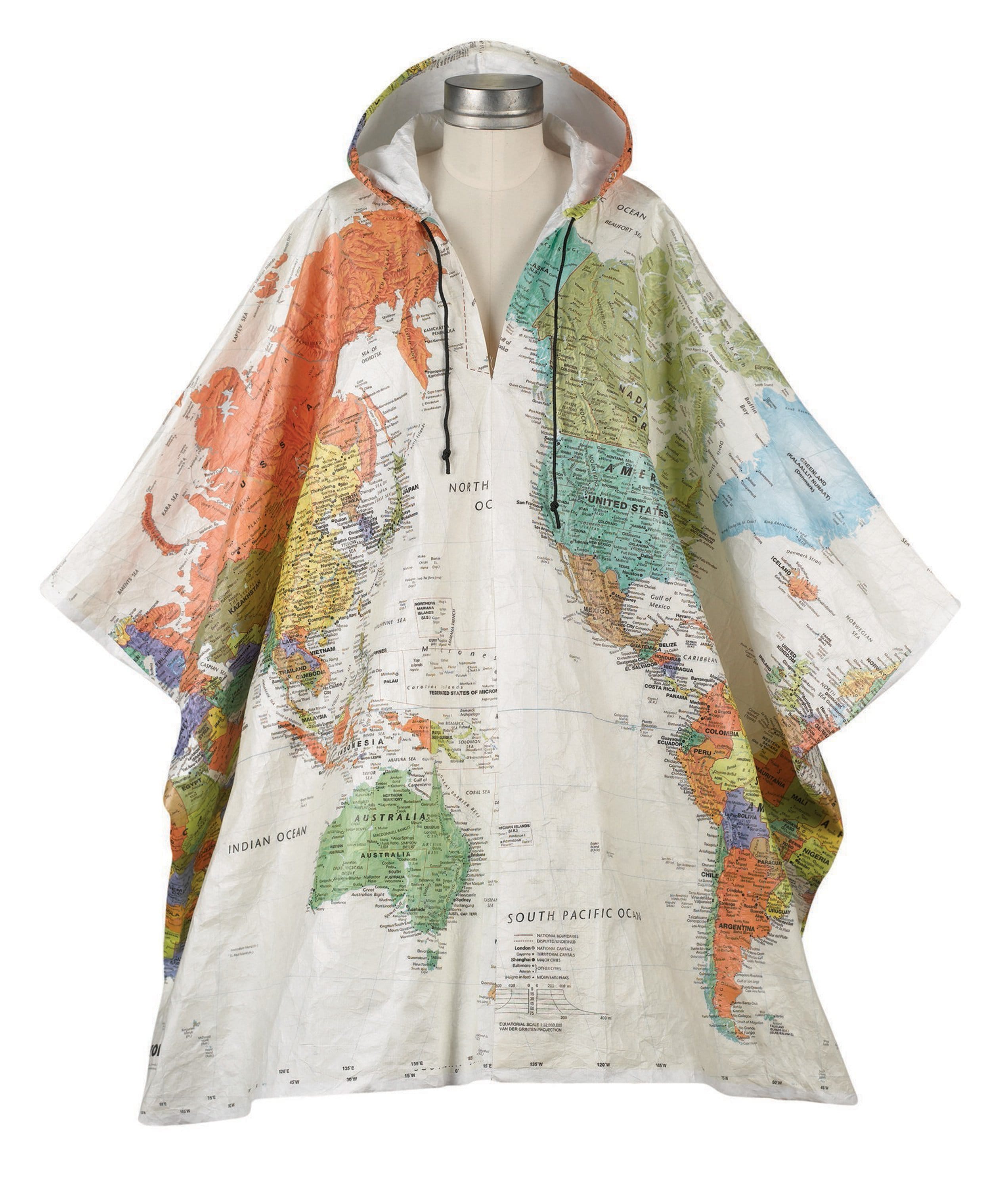 Water-resistant world map poncho for $39.95 from Signals.com, an Ohio-based company, which also offers a bangle and two types of world map scarves for draping yourself in cartographic splendor.