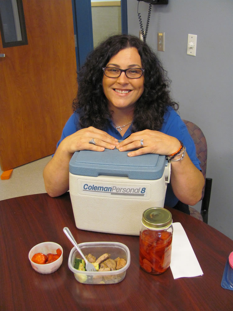 Sherry Montgomery, a code enforcement officer, often brings her lunch to work at the Washougal Police station. Recently, her meal included leftover steak, parmesan-roasted zucchini, local strawberries and fruit-infused water.