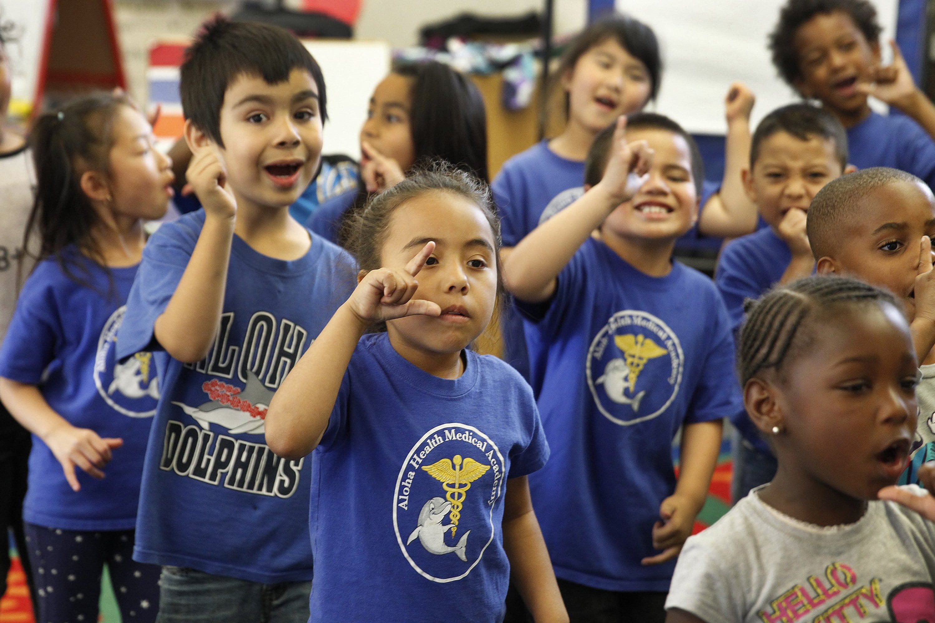 Kindergarten students recite nutrition chants at Aloha Health Medical Academy on April 4 in Lakewood, Calif.