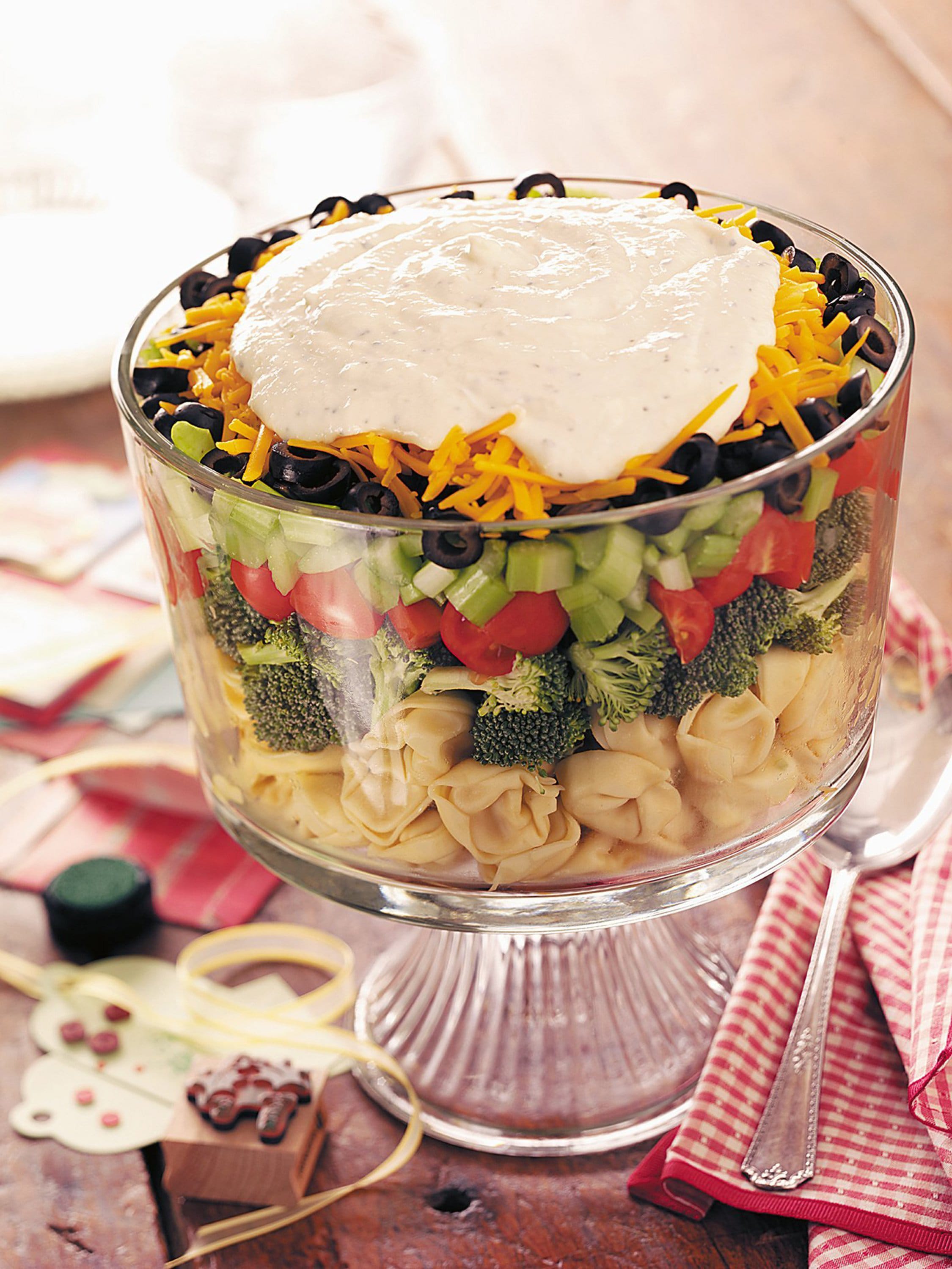 Tortellini adds another dimension to this Layered Veggie Tortellini Salad.
