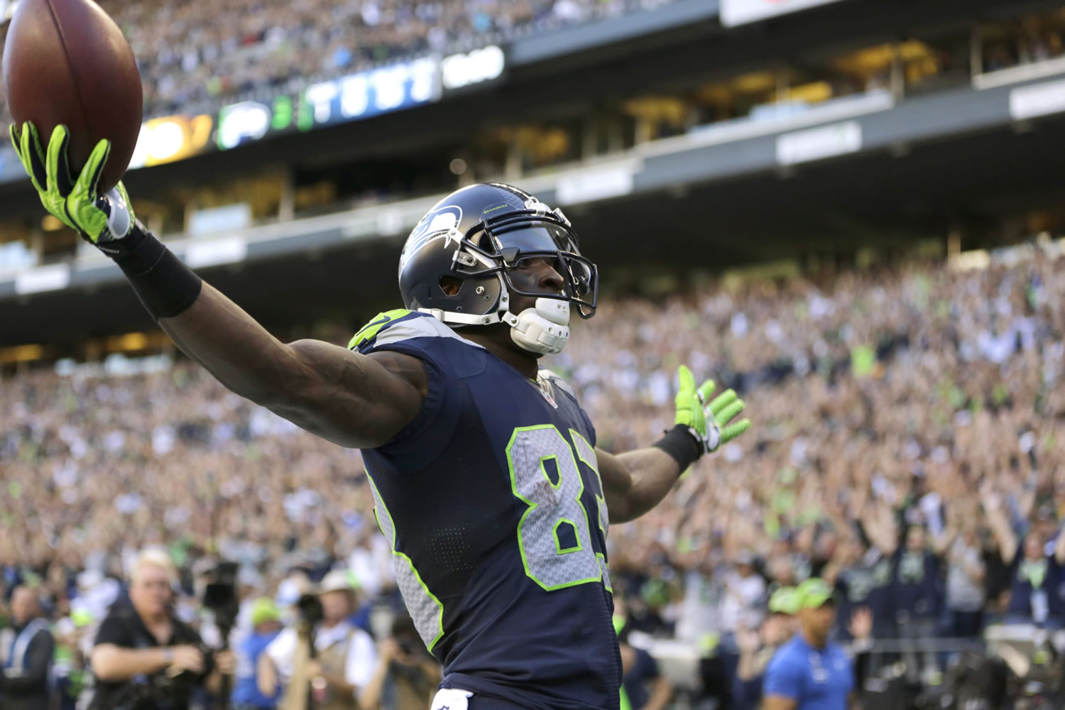 Seattle Seahawks wide receiver Ricardo Lockette celebrates after his touchdown against the Green Bay Packers on Thursday, Sept. 4, 2014, in Seattle.