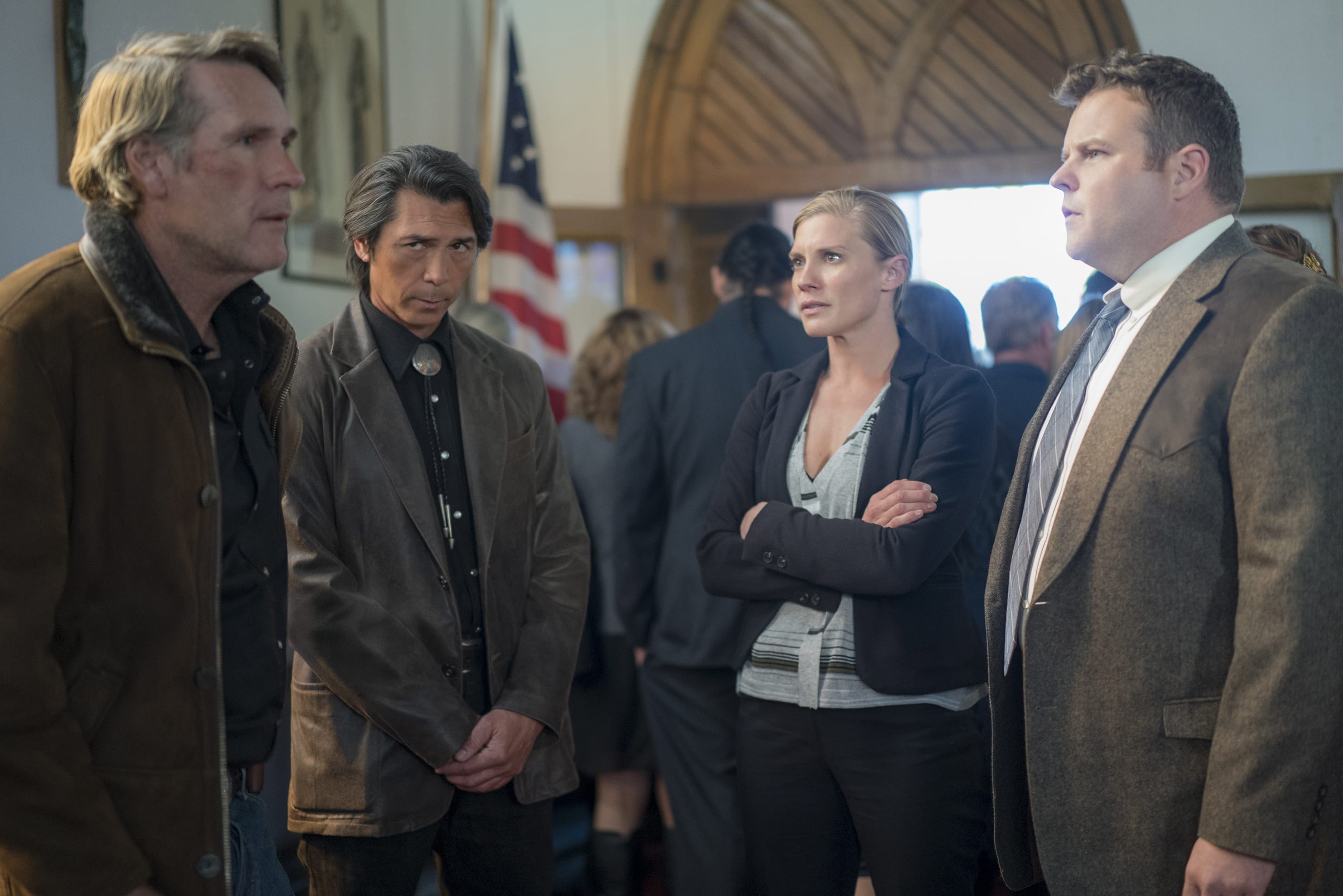 Robert Taylor, from left, Lou Diamond Phillips, Katee Sackhoff and Adam Bartley in "Longmire."