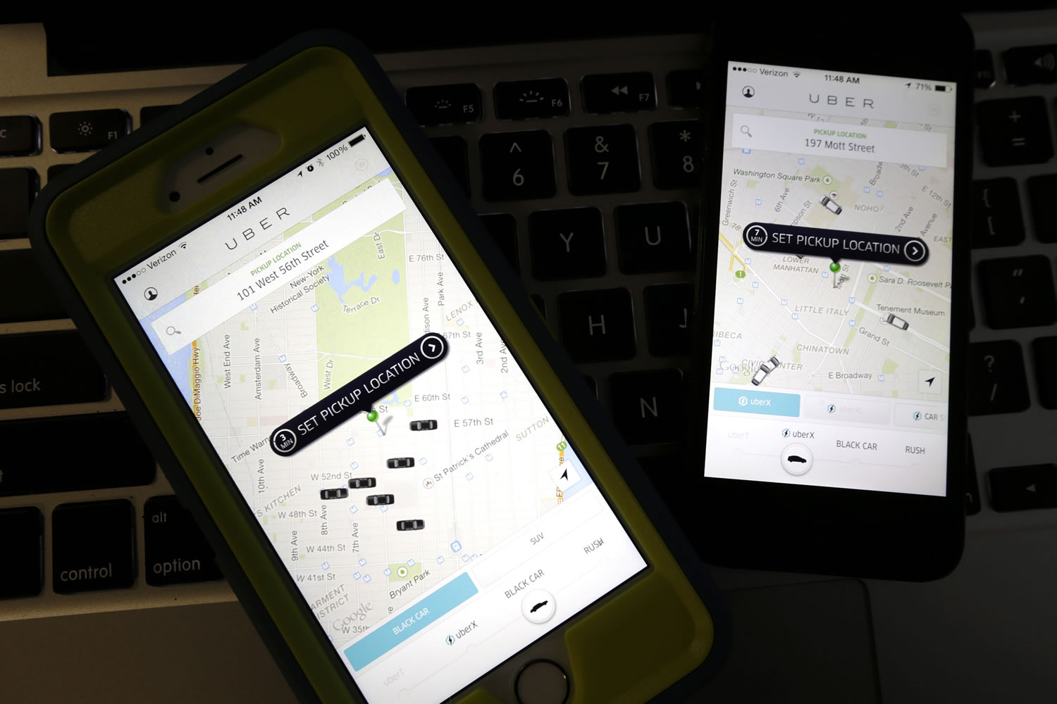 Smart phones display Uber car availability last year in New York.