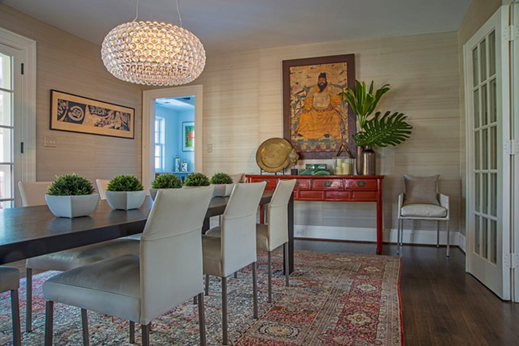 A silk rug in a Washington dining room designed by Annie Elliott. (Michael K.