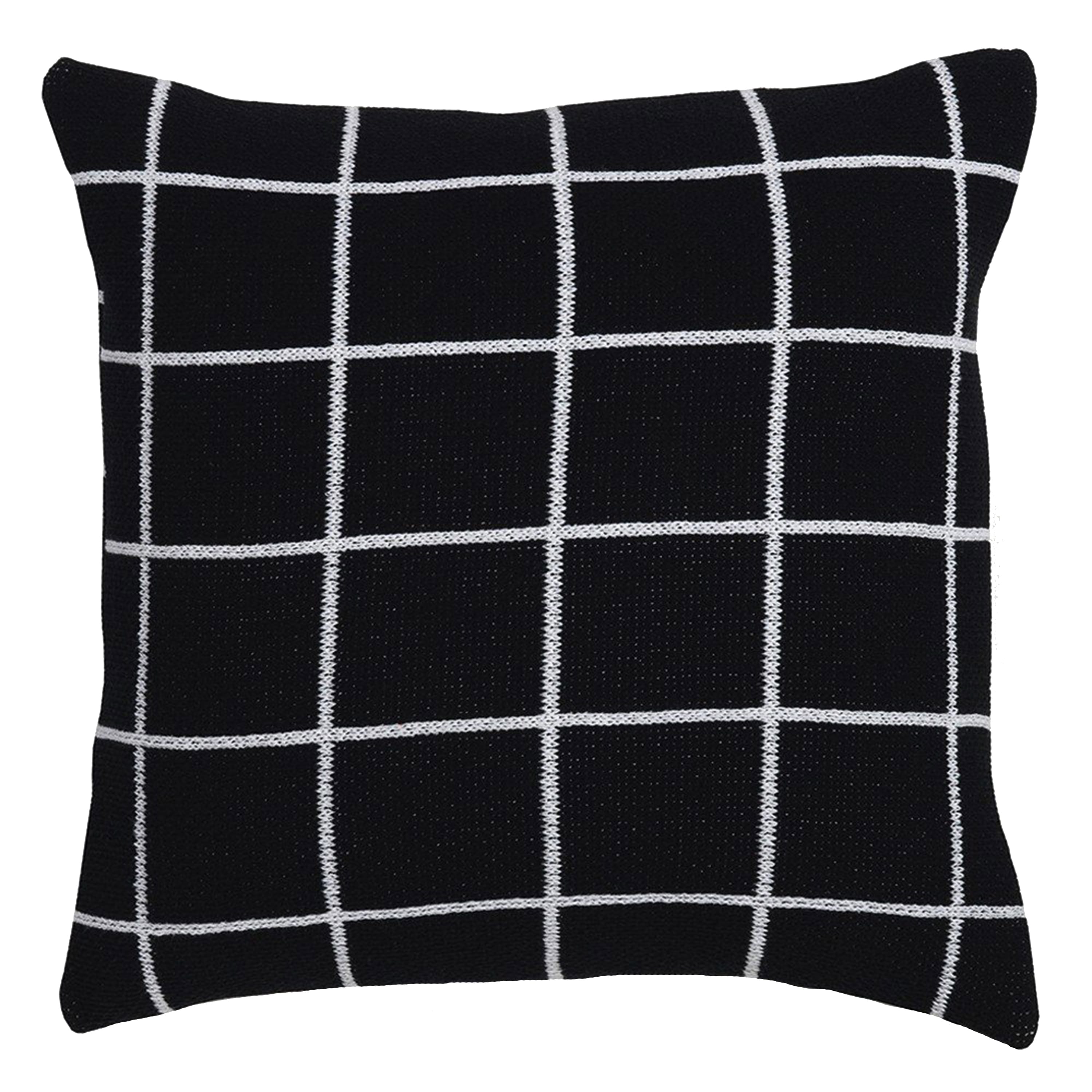 From top: The grid black knit throw pillow from Unison costs $65. The CB2 reversible Prim pillow, $34.95. The black Zardozi Kandhari pillow, $49.