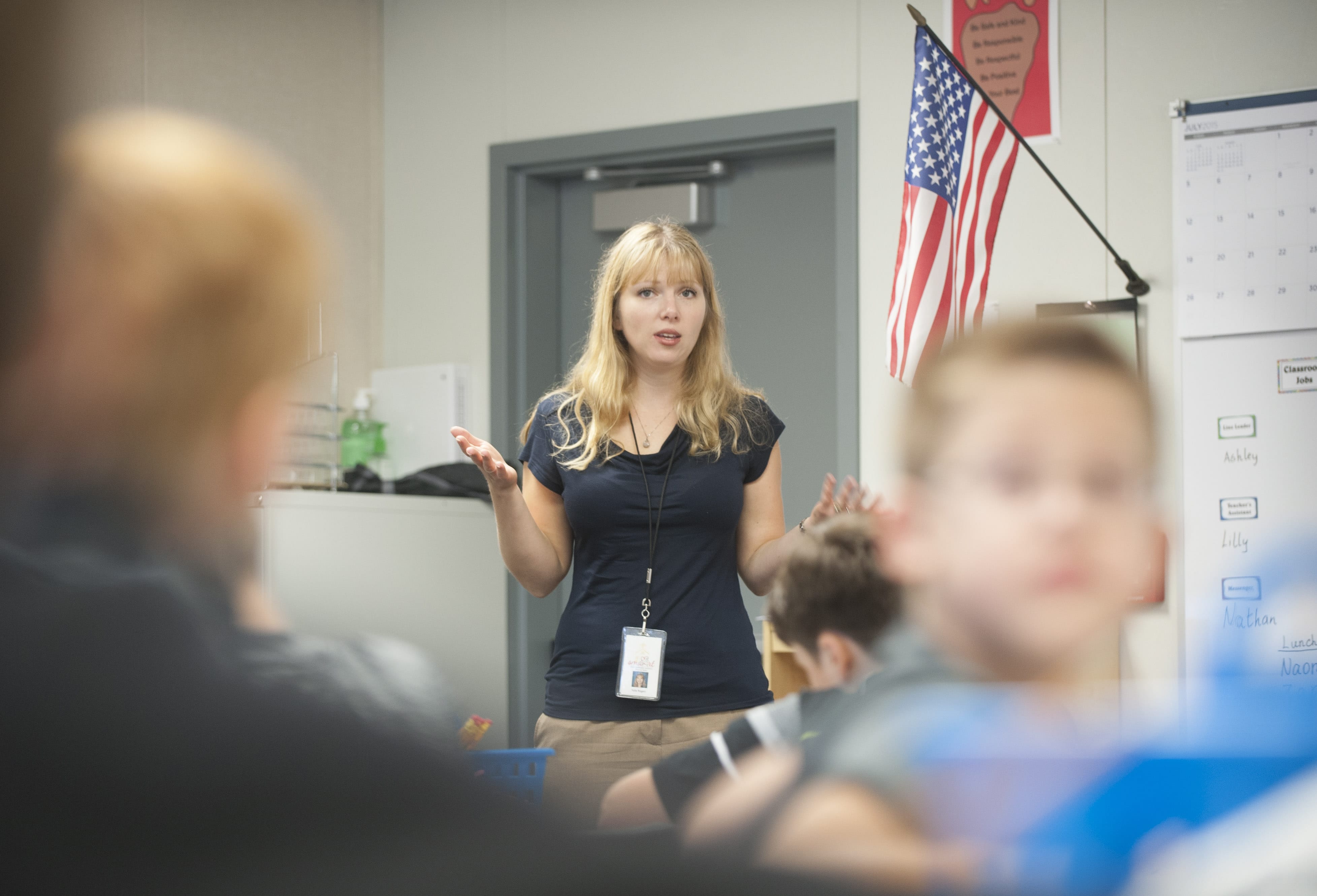 Yulia Rogers, a new fifth-grade teacher teacher at Endeavour Elementary gets to know her students on the first day of school in Vancouver Wednesday September 2, 2015.
